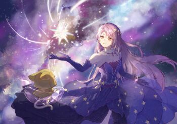 Rule 34 | 1girl, animal, bare shoulders, breasts, brown eyes, cat, chinese commentary, cleavage, cloak, closed mouth, clothed animal, collarbone, commentary request, cowboy shot, dress, ear covers, elbow gloves, floating, floating clothes, floating hair, from behind, gloves, glowing, gown, hair ornament, hexagram, highres, hood, hood up, hooded cloak, infinity nikki, jewelry, lace, lace-trimmed dress, lace trim, long hair, looking at object, magic, momo (nikki), nebula, necklace, nikki (nikki), nikki (series), object floating above hand, outstretched hand, pink hair, print dress, purple dress, purple gloves, smile, space, star (symbol), star hair ornament, star necklace, star print, star sea (nikki), starry sky print, strapless, strapless dress, very long hair, white cat, yehang hang zhenxing, yellow cloak