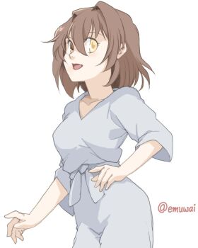 1girl brown_hair commentary_request dress emuwai furutaka_(kancolle) furutaka_(summer)_(kancolle) glowing glowing_eye grey_dress heterochromia kantai_collection looking_at_viewer official_alternate_costume short_hair simple_background solo twitter_username white_background yellow_eyes