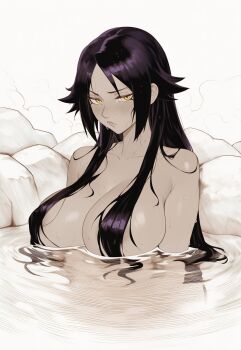 1girl black_hair bleach blush blush_stickers breasts cleavage closed_mouth collarbone completely_nude dark-skinned_female dark_skin female_focus hair_censor hair_flaps hair_over_breasts highres in_water large_breasts long_hair looking_at_viewer nude onsen parted_bangs partially_submerged purple_hair ripples rock shihouin_yoruichi shiny_skin sidelocks solo solo_focus steam topless_female upper_body water wet wet_hair yellow_eyes