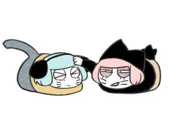 2boys blue_hair cat_boy cat_loaf cat_tail commentary_request facial_mark full_body hitting looking_at_another male_focus multiple_boys nyen_(randal's_friends) nyon_(randal's_friends) pink_hair randal's_friends short_hair simple_background tail tsukasa_(tsukasa_mimizuku) whisker_markings white_background