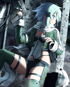 Rule 34 | 10s, 1girl, aqua hair, black gloves, blue eyes, chaps, female focus, finger on trigger, fingerless gloves, glock, gloves, goribote, gun, hair ornament, hairclip, handgun, highres, magazine (weapon), magazine ejection, pistol, scarf, short hair, short shorts, shorts, sinon, solo, sword art online, taking cover, weapon