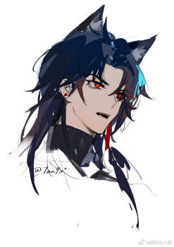 1boy ahoge animal_ear_fluff animal_ears black_hair blade_(honkai:_star_rail) chinese_commentary commentary_request cropped_head curtained_hair earrings extra_ears fangs forehead honkai:_star_rail honkai_(series) jewelry kemonomimi_mode long_hair looking_ahead male_focus middle_part mismatched_earrings open_mouth red_eyes simple_background solo stud_earrings tanzenjiushidu watermark weibo_watermark white_background wolf_boy wolf_ears