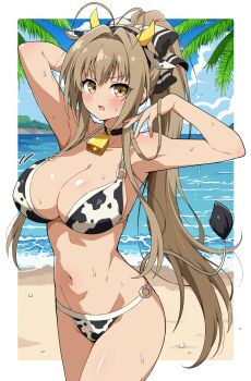 1girl absurdres amagi_brilliant_park animal_ear_hairband animal_ears animal_print antenna_hair beach bell bikini black_collar blue_sky blush border breasts brown_eyes brown_hair cleavage cloud collar collarbone cow_ear_hairband cow_ears cow_horns cow_print cow_print_bikini cowbell cowboy_shot day eggman_(ni_tamagoex) fake_animal_ears fake_horns feet_out_of_frame hairband halterneck highres horizon horn_hairband horns large_breasts long_hair looking_at_viewer navel neck_bell o-ring o-ring_bikini ocean open_mouth outdoors outside_border ponytail print_bikini ribbon sento_isuzu sky solo standing string_bikini swimsuit very_long_hair wet white_border