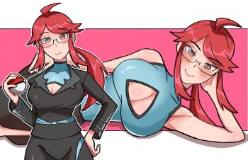 1girl ahoge black_suit breasts business_suit cleavage commentary english_commentary formal_clothes glasses highres jacket kun_gugu large_breasts long_hair long_sleeves lorelei_(pokemon) nintendo pencil_skirt pokemon pokemon_lgpe ponytail red_eyes red_hair shirt sidelocks skirt skirt_suit sleeveless sleeveless_shirt smile solo suit suit_jacket swept_bangs tsurime undershirt upper_body