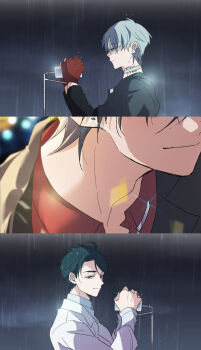 Rule 34 | 2boys, alien stage, black hair, black shirt, choker, coat, collared shirt, commentary, gloves, grey choker, grey hair, highres, ivan (alien stage), long sleeves, male focus, microphone, multiple boys, neck tattoo, rain, red gloves, red shirt, sazare (sazozo0), shirt, smile, tattoo, thumbnail collage, till (alien stage), white coat, white shirt