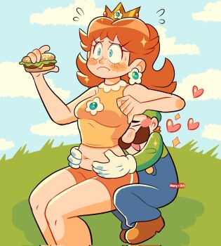 1boy 1girl arms_around_waist bare_arms bare_shoulders blue_eyes blue_sky blush breasts brown_footwear brown_hair closed_mouth cloud crop_top crown day earrings eating facial_hair flipped_hair flower_earrings flying_sweatdrops food freckles gloves grass green_headwear green_shirt hat heart hetero highres holding holding_food hug jewelry long_hair long_sleeves luigi manysart1 mario_(series) medium_breasts midriff mini_crown mustache navel nintendo nose_blush open_mouth orange_footwear outdoors overalls princess_daisy shirt shoes short_hair shorts sitting sky sleeveless sleeveless_shirt smile sparkle squatting white_gloves