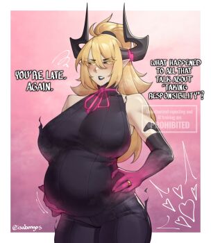 1girl averting_eyes big_belly black_eyes black_lips black_pants blonde_hair blush border breasts commentary cow cowboy_shot demon_horns elbow_gloves english_commentary english_text eyelashes gloves gradient_gloves hair_between_eyes hand_on_own_hip hand_on_own_stomach heart high_ponytail highres horns huge_breasts isabongos jewelry long_hair neck_ribbon original pants parted_lips pink_background pink_ribbon pointy_ears ponytail pregnant ribbon ring shirt sleeveless sleeveless_shirt solo twitter_username wedding_ring white_border