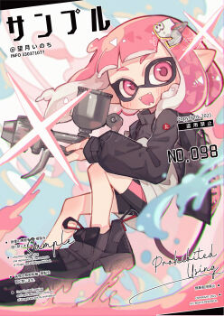 1girl :d absurdres artist_name black_jacket black_shoes black_shorts blue_background blunt_bangs blush fangs full_body gun highres holding holding_gun holding_weapon inkling inkling_girl inkling_player_character jacket long_sleeves looking_at_viewer mochizuki_inochi nintendo open_mouth pink_eyes pink_hair pointy_ears sample_watermark shoes short_hair shorts smile solo splatoon_(series) tentacle_hair thick_eyebrows watermark weapon