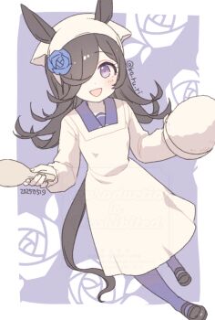 Rule 34 | :d, apron, black hair, black shoes, blue flower, blue rose, blush, bowl, commentary request, dated, floral background, flower, hair flower, hair ornament, hair over one eye, headscarf, holding, holding bowl, holding spoon, horse girl, kappougi, koruri, long hair, long sleeves, looking at viewer, open mouth, pantyhose, puffy long sleeves, puffy sleeves, purple background, purple eyes, purple pantyhose, rice, rice bowl, rice shower (umamusume), rose, school uniform, shamoji, shoes, smile, solo, spoon, tracen school uniform, twitter username, umamusume, wooden spoon