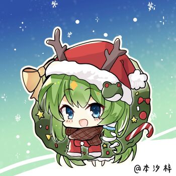 1girl :d antlers blue_eyes blush_stickers bow brown_scarf candy candy_cane chibi christmas christmas_ornaments christmas_wreath commentary_request fake_antlers food frog_hair_ornament fur-trimmed_jacket fur_trim green_hair hair_ornament hair_tubes hat highres horns jacket kochiya_sanae long_hair looking_at_viewer open_mouth outline pac-man_eyes plaid_clothes plaid_scarf red_bow red_hat red_jacket reindeer_antlers sansan_(user_gdav7873) santa_costume santa_hat scarf single_hair_tube smile snake_hair_ornament snowflakes solo star_(symbol) touhou white_outline wreath yellow_bow