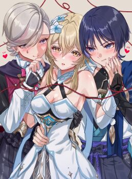 1boy 1girl 2girls bare_shoulders black_gloves black_hair black_shorts black_sleeves blonde_hair blunt_ends blush bow bowtie breasts closed_mouth dress facial_mark flower genshin_impact gloves hair_between_eyes hair_flower hair_ornament hat japanese_clothes long_hair long_sleeves looking_at_viewer lumine_(genshin_impact) lyney_(genshin_impact) mandarin_collar medium_breasts multiple_boys multiple_girls open_mouth pink_bow pink_bowtie purple_eyes purple_hair scaramouche_(genshin_impact) short_hair shorts smile snow20200 teardrop_facial_mark top_hat wanderer_(genshin_impact) white_dress white_sleeves