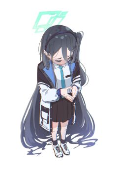 1girl 53c_(ray_cordova) absurdly_long_hair aris_(blue_archive) black_hairband black_jacket black_skirt black_socks blue_archive blue_necktie collared_shirt commentary_request hairband halo highres jacket long_hair long_sleeves necktie one_side_up open_clothes open_jacket own_hands_together pleated_skirt puffy_long_sleeves puffy_sleeves shirt shoes simple_background skirt socks solo standing very_long_hair white_background white_shirt white_shoes