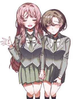2girls absurdres animal_ears bang_dream! bang_dream!_it's_mygo!!!!! black_socks chihaya_anon closed_eyes commentary drooling fang green_necktie green_skirt grey_hair grey_jacket hand_up haneoka_school_uniform highres holding_hands i00236 interlocked_fingers jacket kneehighs long_hair mouth_drool multiple_girls necktie open_mouth pink_hair plaid_clothes plaid_necktie plaid_skirt pleated_skirt school_uniform short_hair simple_background skirt socks symbol-only_commentary takamatsu_tomori unmoving_pattern white_background yuri