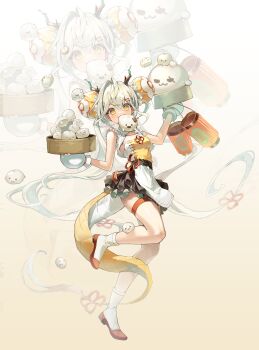 1girl absurdres apron bamboo_steamer black_skirt blonde_hair breasts bun_cover chinese_clothes commentary double_bun dragon_horns dragon_tail dress food food_in_mouth frilled_skirt frills full_body gloves gradient_background hair_bun hair_ornament hairclip ham99luv highres holding holding_bamboo_steamer holding_lantern horns korean_commentary lantern original parallel_hairclips red_shoes shoes sideboob skirt socks solo steamed_bun tail thigh_strap twintails waist_apron white_apron white_gloves white_socks yellow_dress yellow_eyes