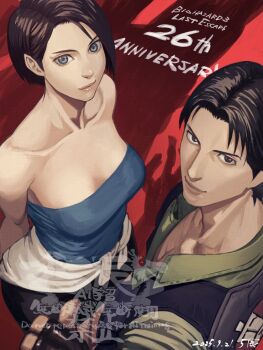 1boy 1girl 5tatsu anniversary arms_behind_back artist_name bare_shoulders black_gloves black_hair black_skirt blue_shirt breasts brown_hair carlos_oliveira cleavage closed_mouth clothes_around_waist collarbone copyright_name dated fingerless_gloves from_above gloves grey_hair highres jill_valentine light_smile medium_breasts parted_bangs red_background resident_evil resident_evil_3:_nemesis shirt shirt_around_waist short_hair skirt sleeves_rolled_up strapless tube_top