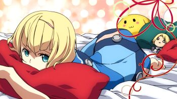 Rule 34 | 10s, 1girl, ass, barefoot, bed, blonde hair, blue eyes, bodysuit, feet, heavy object, milinda brantini, official art, pillow, qwenthur barbotage