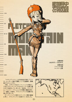 1girl alternate_costume axe blonde_hair boots character_name choufu_shimin double_bun enemy_lifebuoy_(kancolle) fletcher_(kancolle) fur_hat gun hair_bun hat holding holding_gun holding_weapon jacket kantai_collection long_hair long_sleeves map musket one_eye_closed pants smile solo tomahawk translation_request weapon