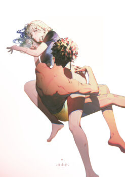 1boy 1girl absurdres black_hair black_shirt breasts bruise claude_von_riegan couple dark-skinned_female dark_skin female_byleth_(awakened)_(fire_emblem) female_byleth_(fire_emblem) fire_emblem fire_emblem:_three_houses hetero highres injury medium_breasts nintendo official_alternate_hair_color shirt simple_background topless_male white_background zhihaiwusheng