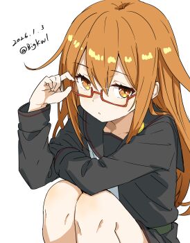 1girl absurdres bigkwl black_sailor_collar black_serafuku black_shirt black_skirt blush commentary dated dated_commentary double-parted_bangs feet_out_of_frame glasses hair_between_eyes hand_up highres kantai_collection knees_up long_hair long_sleeves looking_at_viewer mochizuki_(kancolle) neckerchief one-hour_drawing_challenge orange_eyes orange_hair parted_lips red-framed_eyewear sailor_collar school_uniform semi-rimless_eyewear serafuku shirt sidelocks simple_background sitting skirt solo twitter_username under-rim_eyewear white_background white_neckerchief