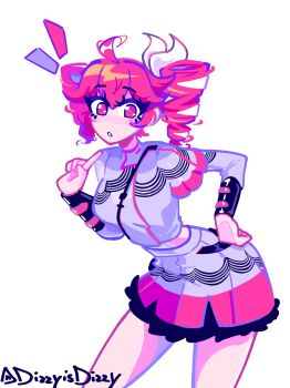 1girl ahoge artist_name commentary dizzyisdizzy drill_hair emphasis_lines english_commentary eyelashes grey_jacket grey_skirt hair_ribbon hand_on_own_hip highres index_finger_raised jacket kasane_teto kasane_teto_(sv) looking_at_viewer midriff pleated_skirt red_eyes red_hair ribbon simple_background skirt solo synthesizer_v twin_drills white_background white_ribbon