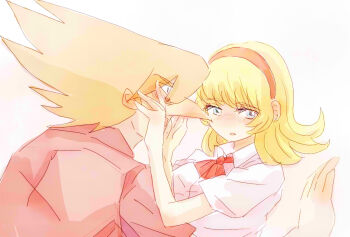 Rule 34 | big nose, blonde hair, blue eyes, bow, coat, cyborg, cyborg 009, francoise arnoul, hairband, half-closed eyes, hand on another's face, jet link, kabedon, light blush, long hair, military uniform, orange hair, red bow, red coat, red hairband, sariokisu, soldier, white coat