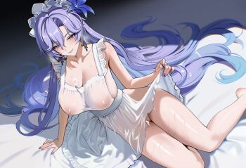 1girl :p apron arm_support ateoyh blue_eyes blue_flower breasts cantarella_(wuthering_waves) cleft_of_venus closed_mouth collarbone commentary cum cum_in_pussy earrings fingernails flower hair_between_eyes hair_flower hair_ornament headdress highres jewelry large_breasts long_hair looking_at_viewer mature_female mole mole_under_eye nail_polish naked_apron nipples purple_hair purple_nails pussy see-through_apron see-through_clothes smile solo tongue tongue_out uncensored variant_set very_long_hair wuthering_waves