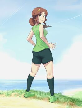 Rule 34 | boot straps, brown hair, clogs, cloud, contrail, grass, green eyes, green shirt, green shorts, green tank top, hair ornament, highres, jewelry, kneehighs, lightning bolt, lightning bolt hair ornament, lightning bolt symbol, looking back, michafrar, nova summers, ocean, original, petticoat, ponytail, shirt, shorts, slip showing, socks, tank top