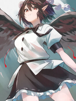 Rule 34 | 1girl, amateru, black bow, black bowtie, black hair, black skirt, black wings, bow, bowtie, commentary, feathered wings, frilled skirt, frills, highres, pointy ears, pom pom (clothes), puffy sleeves, red eyes, shameimaru aya, shirt, short hair, skirt, solo, tengu, touhou, white shirt, wings