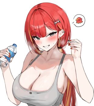 1girl akane_lize blush bottle breasts cleavage commentary_request cross cross_earrings ear_piercing earrings fingernails grey_eyes grey_sports_bra grin hair_ornament hairclip hands_up highres holding holding_bottle huge_breasts jewelry korean_commentary long_hair looking_at_viewer multicolored_hair nail_polish parted_bangs pienna_(akane_lize) piercing ponya_0000 ponytail red_hair red_nails simple_background smile solo speech_bubble spoken_character sports_bra steam steaming_body stellive straight_hair streaked_hair sweat upper_body virtual_youtuber water_bottle white_background