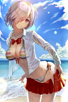 1girl beach bikini blue_sky bow bowtie breasts chromatic_aberration cleavage cloud commentary_request day fate/grand_order fate_(series) front-tie_bikini_top front-tie_top hair_over_one_eye head_tilt highres hip_bones large_breasts looking_at_viewer mash_kyrielight mash_kyrielight_(swimsuit_of_perpetual_summer_ver.02) midriff navel numao_sub ocean open_clothes open_shirt pink_eyes pink_hair pleated_skirt red_bow red_bowtie red_skirt school_uniform shirt short_hair side-tie_bikini_bottom skindentation skirt sky smile solo striped_bikini striped_clothes swimsuit swimsuit_under_clothes undressing water wet wet_clothes wet_shirt white_shirt