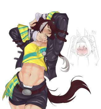 2girls ? ?? abs absurdres animal_ears arm_over_head arms_up belt black_jacket black_shorts blush brown_hair chibi confused covered_mouth covering_own_mouth cowboy_shot crop_top daiwa_scarlet_(umamusume) ears_down full-face_blush grey_hair hair_intakes hair_over_one_eye half-closed_eye hand_over_own_mouth highres horse_ears horse_girl horse_tail jacket long_hair looking_at_another looking_at_viewer midriff multicolored_hair multiple_girls navel nose_blush open_clothes open_fly open_jacket open_mouth open_shorts ponytail short_shorts shorts simple_background staring stomach sweat tail tiara toned toned_female twintails two-tone_hair umamusume very_long_hair vodka_(umamusume) vodka_(wild_top_gear)_(umamusume) wide-eyed xy_424 yellow_eyes yuri