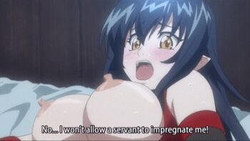 1girl animated animated_gif annerose_vajra bed black_hair blush bouncing_breasts breasts covered_erect_nipples koutetsu_no_majo_anneroze large_breasts long_hair lowres nipples pointy_ears screencap subtitled text_focus