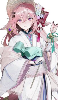 Rule 34 | 1girl, absurdres, alternate costume, animal ears, arrow (projectile), bonnet, closed mouth, ema, floppy ears, fox ears, genshin impact, gloves, hamaya, highres, holding, japanese clothes, kawachi rin, kimono, long hair, looking at viewer, obi, pink hair, purple eyes, sash, simple background, smile, solo, very long hair, white background, white bonnet, white gloves, white kimono, yae miko