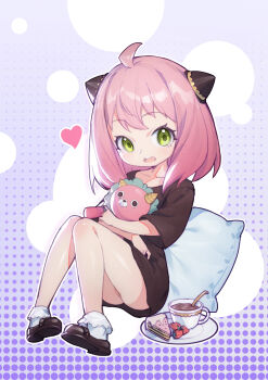 1girl absurdres anya_(spy_x_family) black_dress black_shoes cake cake_slice cup dress food green_eyes hairpods highres holding holding_stuffed_toy knees_up loli looking_at_viewer medium_hair no_panties pillow pink_hair shoes sitting socks solo spy_x_family stuffed_animal stuffed_toy teacup teddy_bear tupiao_shaonu white_socks