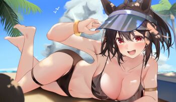 1girl :d a_o_1016 ahoge animal_ears armpits bangle barefoot bikini black_bikini black_hair bracelet breasts cleavage cloud collarbone commentary_request day hair_between_eyes hand_on_headwear highres horse_ears horse_girl jewelry kitasan_black_(umamusume) large_breasts looking_at_viewer lying open_mouth outdoors palm_tree red_eyes short_hair smile solo swimsuit thigh_strap tree umamusume visor_cap white_hair