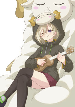 1girl absurdres bean_bag_chair crossed_legs hibi_wa_sugiredo_meshi_umashi higa_tsutsuji highres holding holding_instrument holding_ukulele hood instrument jacket music one_eye_closed playing_instrument purple_eyes qgkmn541 sheep sitting smile solo thighhighs ukulele white_background