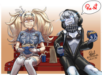2girls absurdres abyssal_ship bikini black_bikini black_hoodie blonde_hair blue_eyes breast_pocket breasts burger commentary commission drink eating enemy_lifebuoy_(kancolle) enemy_naval_mine_(kancolle) english_commentary food gambier_bay_(kancolle) gloves highres holding holding_burger holding_food hood hoodie kantai_collection long_hair multiple_girls pale_skin pink_nails pixiv_commission pocket re-class_battleship ron_(pixiv83091338) scarf sharp_teeth shorts sitting swimsuit teeth twintails white_hair
