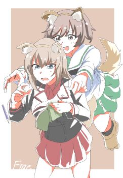 Rule 34 | 2girls, absurdres, akiyama yukari, animal ears, black jacket, black neckerchief, black socks, blouse, blue eyes, breasts, brown background, brown eyes, brown hair, cross, dog tail, dress shirt, fake animal ears, fake tail, girls und panzer, green skirt, grey hair, highres, holding, holding notebook, iron cross, itsumi erika, jacket, jumping, kuromorimine military uniform, large breasts, long hair, long sleeves, looking at another, messy hair, military, military uniform, miniskirt, multiple girls, neckerchief, notebook, ooarai school uniform, open mouth, pencil, pleated skirt, reaching, red shirt, red skirt, sailor collar, school uniform, serafuku, shirt, short hair, skirt, smile, socks, surprised, tail, two-tone background, two draw, white background, white sailor collar, white shirt
