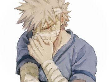 1boy arm_up bakugou_katsuki bandaged_arm bandaged_head bandages blonde_hair boku_no_hero_academia commentary_request covering_own_mouth crying crying_with_eyes_open highres hospital_gown injury male_focus red_eyes short_hair short_sleeves simple_background solo spiked_hair tears uni_ssansyo upper_body white_background
