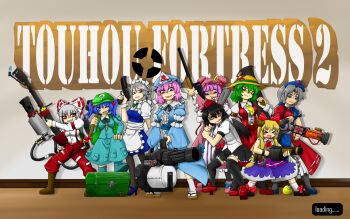 Rule 34 | 6+girls, ascot, backpack, bag, baseball bat, black hair, black legwear, bloodycat, blue eyes, blue hair, blush, bow, braid, breasts, chain, cigarette, closed eyes, crescent, demoman (tf2), dress, dress shirt, engineer (tf2), female focus, flamethrower, fujiwara no mokou, gatling gun, geta, ghost, green hair, grenade launcher, grey legwear, gun, hair bobbles, hair bow, hair ornament, hat, heavy (tf2), high heels, highres, holding flamethrower, holding weapon, horn ornament, horn ribbon, horns, ibuki suika, izayoi sakuya, japanese clothes, kawashiro nitori, kazami yuuka, key, long hair, long skirt, medic (tf2), medium breasts, multiple girls, nurse cap, one eye closed, open mouth, orange hair, pants, pantyhose, parody, patchouli knowledge, pink eyes, pink hair, plaid clothes, plaid skirt, plaid vest, purple eyes, purple hair, pyro (tf2), randoseru, red eyes, ribbon, rifle, rocket launcher, saigyouji yuyuko, scout (tf2), shameimaru aya, shirt, shoes, short hair, skirt, skirt set, smile, sniper (tf2), sniper rifle, soldier (tf2), spy (tf2), straw hat, suspenders, team fortress 2, thighhighs, tokin hat, touhou, triangular headpiece, twin braids, twintails, two side up, very long hair, vest, weapon, white hair, wings, wink, yagokoro eirin, zettai ryouiki