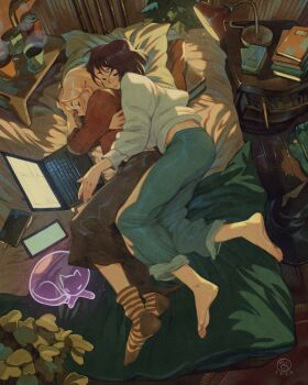 2girls absurdly_detailed_composition barefoot bedroom black_skirt blonde_hair blue_pants book brown_hair can cat cellphone charging_device closed_eyes closed_mouth coffee_mug computer cuddling cup ear_piercing from_above ghost highres indoors lamp laptop loaded_interior long_hair long_sleeves mug multiple_girls on_bed original pants phone piercing pillow red_shirt shirt short_hair simz skirt slice_of_life smartphone smile socks spooning striped_clothes striped_socks sweater white_sweater yuri