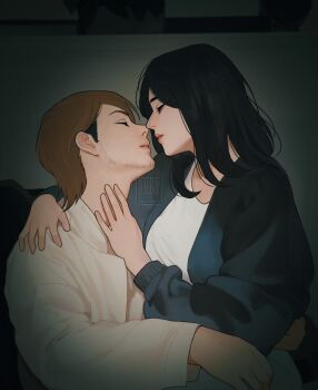 1boy 1girl arm_around_neck artist_name beard_stubble black_hair black_jacket brown_hair closed_eyes commentary couple dress english_commentary facial_hair hand_on_another's_neck hetero highres imminent_kiss jacket jean_kirstein medium_hair parted_lips pieck_finger shingeki_no_kyojin shirt short_hair stubble sumiensp upper_body vignetting white_dress white_shirt