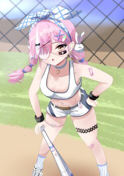 Rule 34 | 1girl, absurdres, azur lane, bandaid, bandaid on arm, bandaid on knee, bandaid on leg, baseball bat, bow, breasts, choker, crop top, earrings, eyepatch, hair bow, hair ornament, hair over one eye, hand on own hip, heart, heart choker, highres, jewelry, kawakazeman, looking at viewer, low twintails, midriff, multicolored hair, official alternate costume, petite, pink hair, shoes, short shorts, short twintails, shorts, small breasts, socks, solo, streaked hair, striped clothes, striped socks, thigh strap, twintails, white choker, white hair, white shoes, white shorts, white socks, white streaks, x hair ornament, yellow eyes, z47 (azur lane), z47 (batter home run) (azur lane)