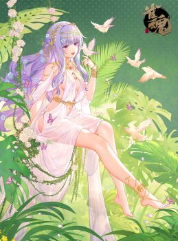 1girl ancient_greek_clothes ankle_cuffs atdan bare_legs barefoot bird bird_on_hand bug butterfly character_request clothing_cutout collar dove fern flower greco-roman_clothes hair_flower hair_ornament highres insect jewelry laurel_crown long_hair mahjong_soul navel open_mouth pink_eyes purple_hair purple_nails revealing_clothes rose see-through_clothes sitting solo white_flower white_rose wrist_cuffs