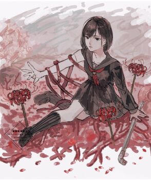 1girl black_eyes black_hair black_serafuku black_shirt black_shoes black_skirt black_socks border closed_mouth collarbone commentary_request empty_eyes flower full_body grey_background highres holding holding_lead_pipe lead_pipe long_sleeves looking_at_viewer oftooon pleated_skirt puffy_long_sleeves puffy_sleeves red_flower sailor_collar school_uniform serafuku shimizu_hinako shirt shoes short_hair silent_hill_(series) silent_hill_f sitting skirt socks solo spider_lily white_border