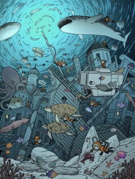 Rule 34 | 6+girls, anchor, building, chain, clownfish, crab, diving suit, fish, grey hair, highres, kagei eru, lobster, mast, multiple girls, ocean sunfish, octopus, original, rock, ruins, scenery, scuba tank, sea turtle, seahorse, ship, shipwreck, sitting, squid, starfish, submarine, surgeonfish, swimming, tower, turtle, underwater, watercraft, whale shark