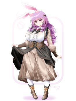 1girl :3 absurdres animal_ears black_bow boots bow breasts brooch brown_boots brown_corset brown_skirt closed_mouth commentary commission corset full_body gem hair_bow highres huge_breasts jewelry long_hair long_sleeves looking_at_viewer original pink_gemstone purple_hair rabbit_ears rabbit_girl red_eyes saltnvalk shirt skirt smile solo swept_bangs symbol-only_commentary vgen_commission white_background white_shirt