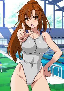 1girl absurdres blue_sky breasts brown_eyes brown_hair commentary_request competition_swimsuit covered_navel day hand_on_own_hip highleg highleg_one-piece_swimsuit highres index_finger_raised indoors large_breasts long_hair one-piece_swimsuit original outdoors pointing ponytail pool pool_ladder poolside sky solo swimsuit white_one-piece_swimsuit yuuyuu_(3jjbn)