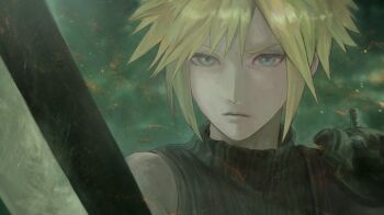 1boy armor black_shirt blonde_hair blue_eyes buster_sword chiwabo closed_mouth cloud_strife commentary final_fantasy final_fantasy_vii highres male_focus parted_bangs pauldrons shirt shoulder_armor single_bare_shoulder single_pauldron solo sword symbol-only_commentary turtleneck upper_body weapon
