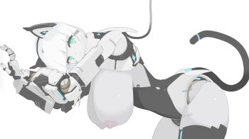 1girl android animal_ears aqua_eyes breasts cable cat_ears cat_girl cat_tail commentary_request cowboy_shot from_side grey_hair hanging_breasts highres huge_breasts joints leaning_forward leotard looking_at_viewer mechanical_arms mechanical_ears mechanical_hands mechanical_tail nanatsuki_sousuke neckerchief nipples original robot_girl robot_joints simple_background solo strapless strapless_leotard tail white_background white_neckerchief